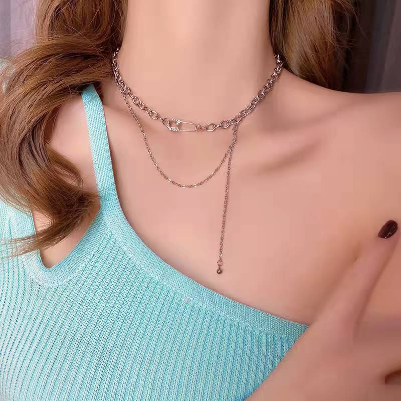 Kalung Rantai Klavikula Model Lapis Ganda Gaya Hip Hop Untuk Aksesoris