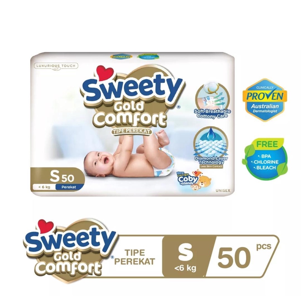 Sweety Gold Comfort Tipe Perekat S50 / Popok Perekat anak bayi size S isi 50