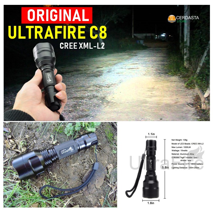 [ BAYAR DITEMPAT ] ORIGINAL ULTRAFIRE C8 SENTER PREMIUM CREE XM-L2 U3 / XPL HI  LED Mode Tunggal
