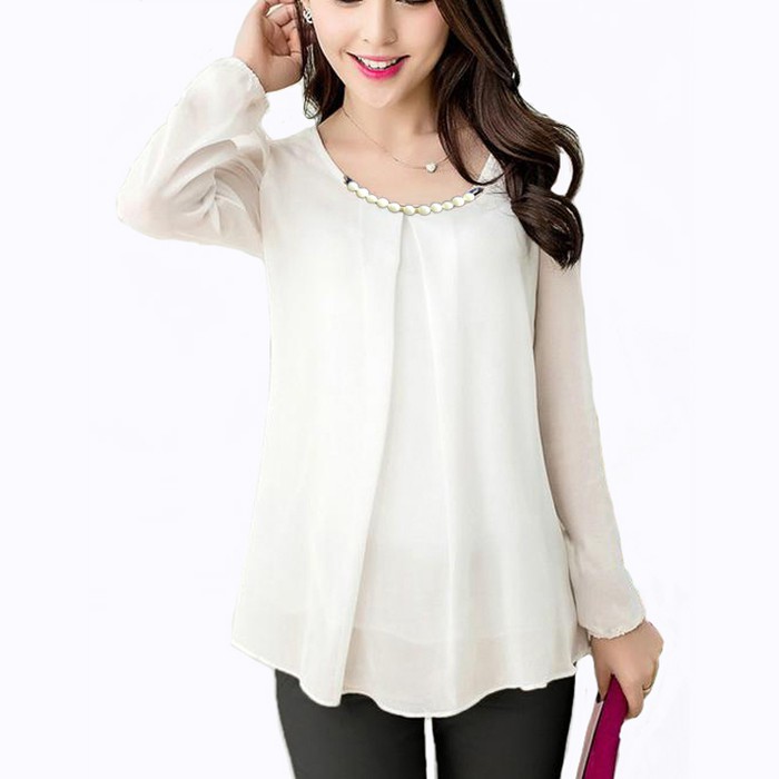 Blus Model Korea Variasi Kalung - Putih, M
