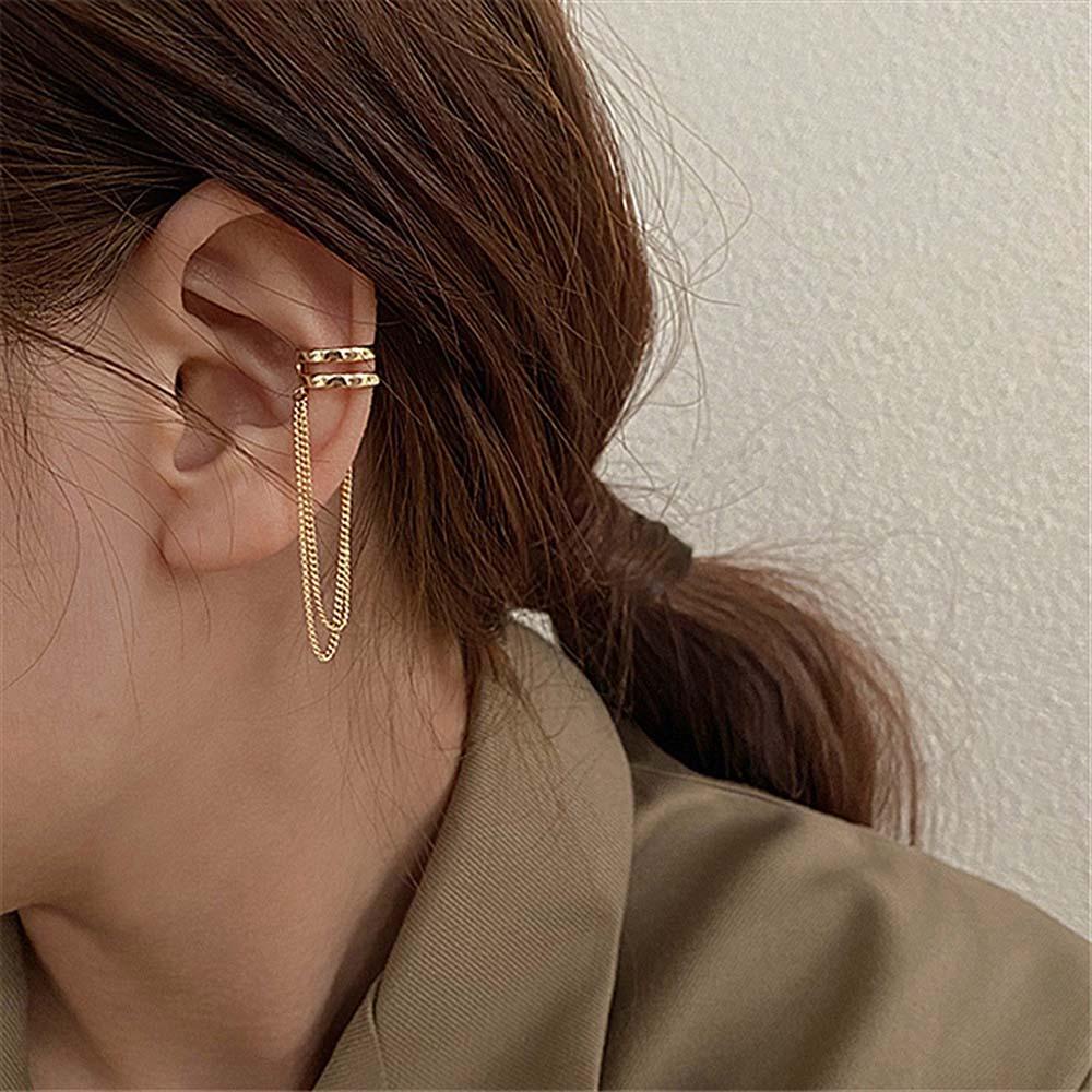 Anting Klip Agustinina Temperamen Emas Rumbai Panjang Multilayer Tanpa Tindik Alloy Hook Clip