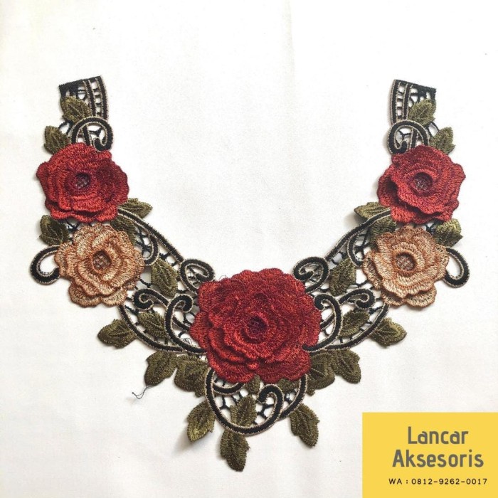 Renda Aplikasi Bunga Bordir / Patch Bordir / Renda Kerah Hijau Lumut 083