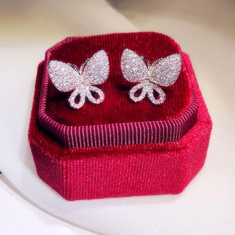 Anting Stud Desain Kupu-Kupu Aksen Kristal Untuk Wanita