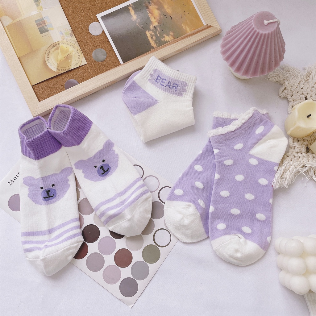 BV.ID •KK807 Kaos Kaki Wanita Motif Beruang Ungu Pendek Fashion Korean Unisex Semata Kaki Purple Bear Socks Import Ankle