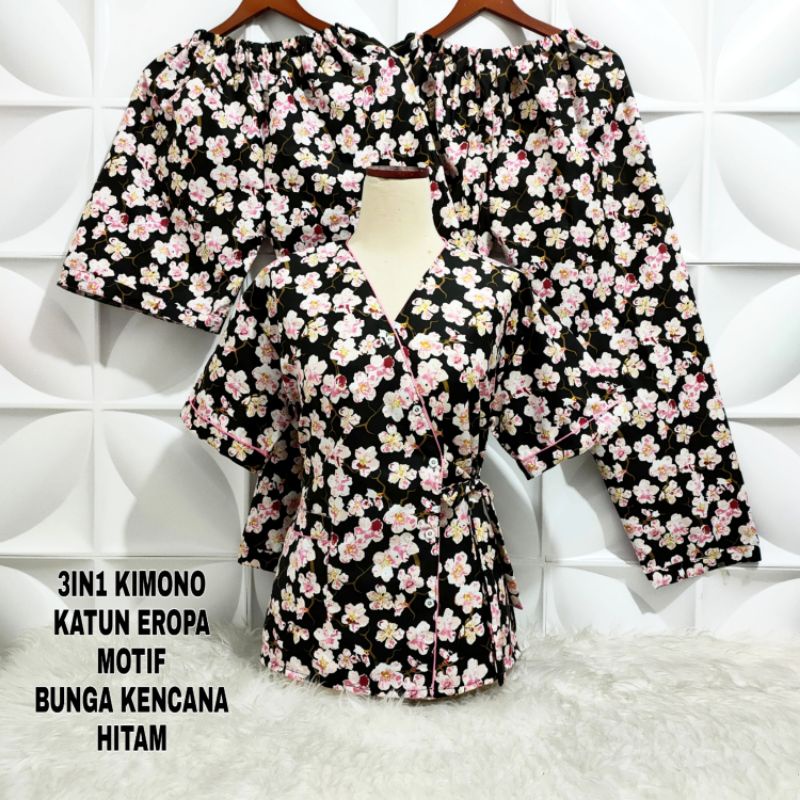 Piyama Kimono 3 in 1 dewasa motif Bunga sakura-Kencana Hitam KMN