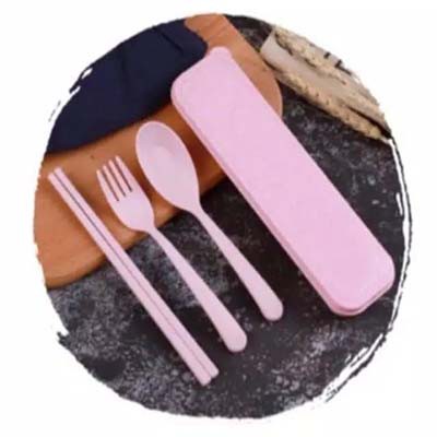 Sendok Set Garpu Sumpit Bahan Jerami / Sendok Set 3 in 1 / Perlengkapan Makan Plastik_Souvenir