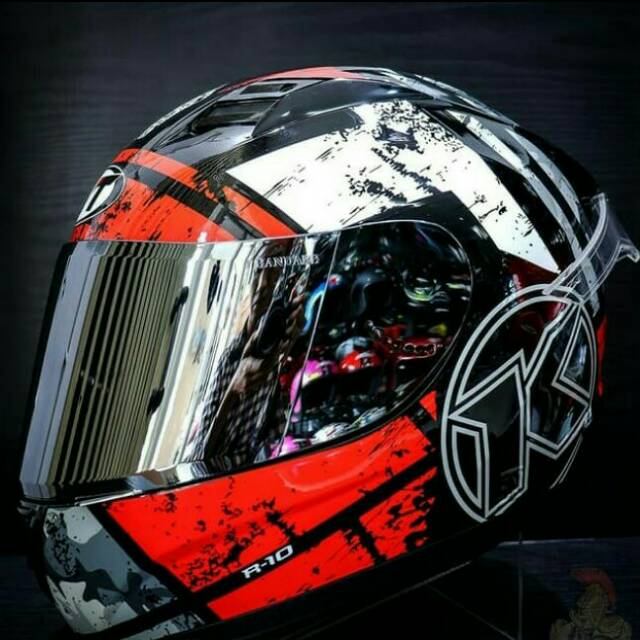 KYT Helm R10 # 3++( BLACK WHITE RED FLO ) + VISOR IRIDIUM + SPOILER R10