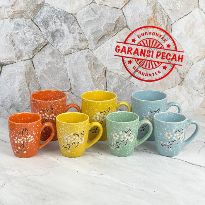 GELAS KERAMIK MUG 200/350ML MOTIF BUNGA SAKURA 4 WARNA - 200ML, Orange