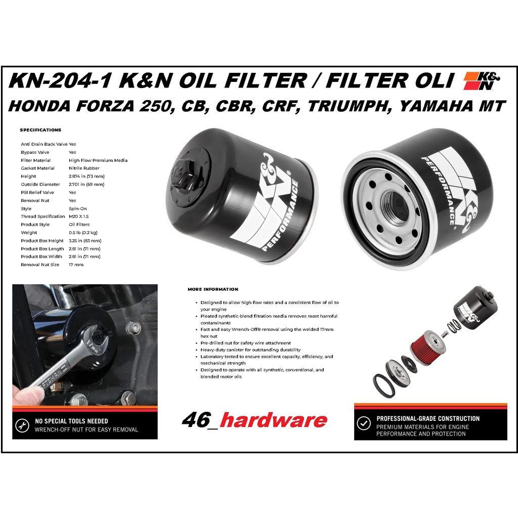 K&N KN-204-1 K&N OIL FILTER OLI HONDA FORZA 250 CB CBR TRIUMPH YAMAHA - 46_hardware