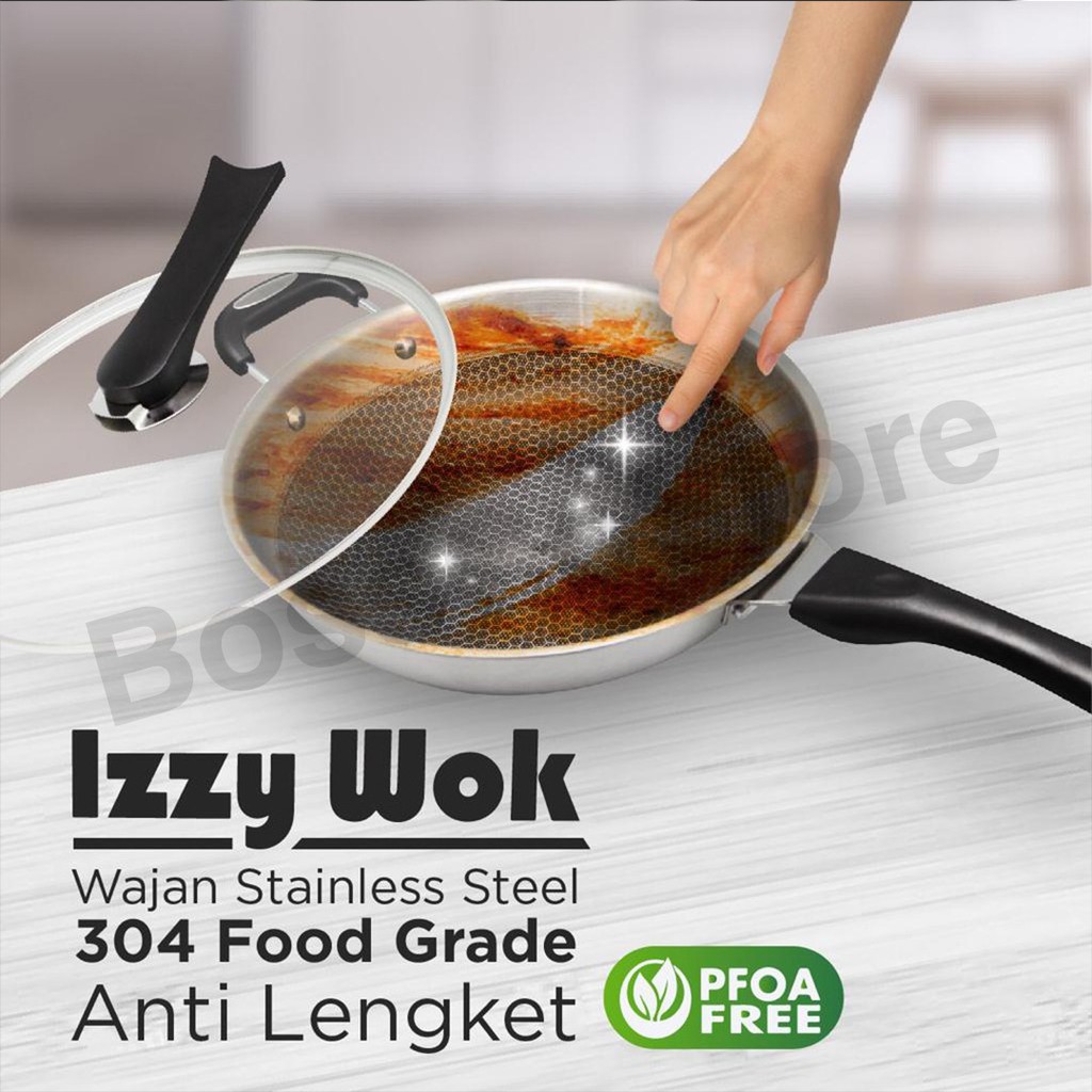 Izzy wok Wajan Stainless steel 304 Food Grade Anti Lengket Bebas PFOA wajan premium stir wok pan panci wajan antilengket wajan anti lengket frypan non stick fry pan antilengket kuali wajan penggorengan stainless anti lengket