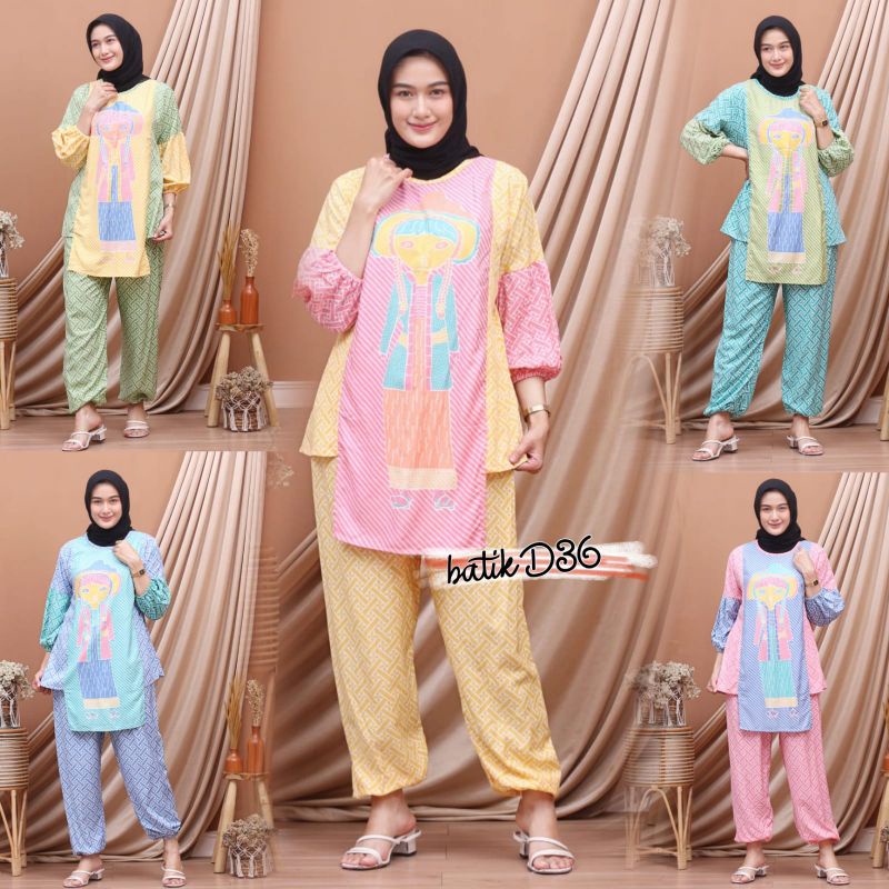 Setelan jumbo rayon halus Wanita Tejo Caping Asimetris Soft Lengan Balon Batik setcel motif corak on