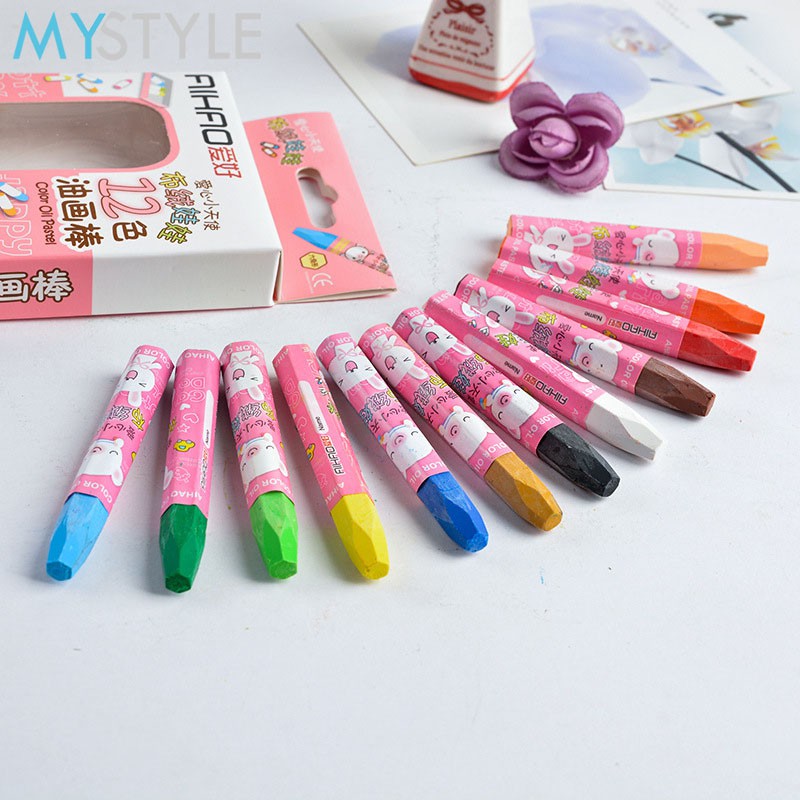 CRAYON SET OIL PASTEL 12 WARNA PENSIL WARNA ALAT MEWARNAI ALAT LUKIS ANAK PINK BIRU