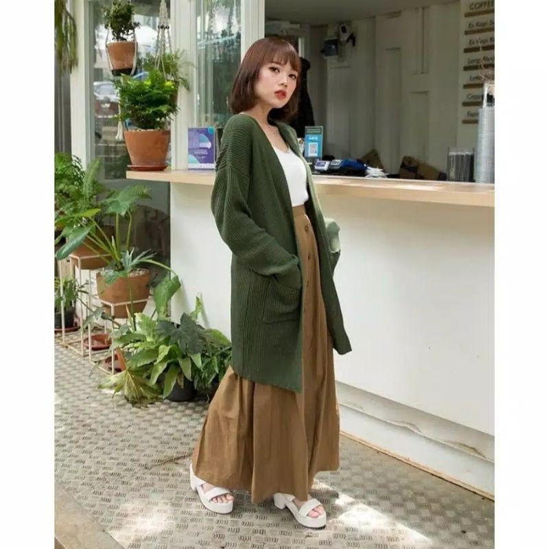 Cardigan panjang rajut dua saku all size