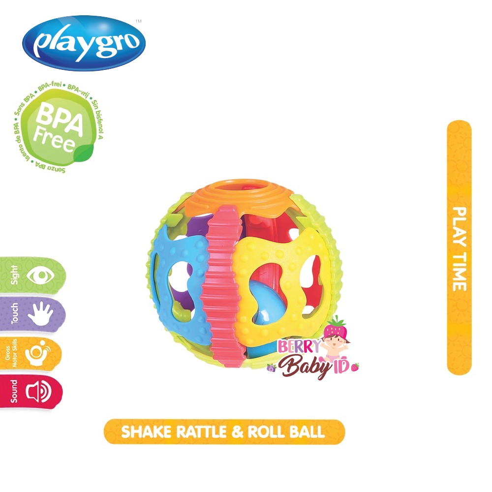 Playgro Shake Rattle &amp; Roll Ball Mainan Bola Bunyi Bayi Balita 6m+ Berry Mart