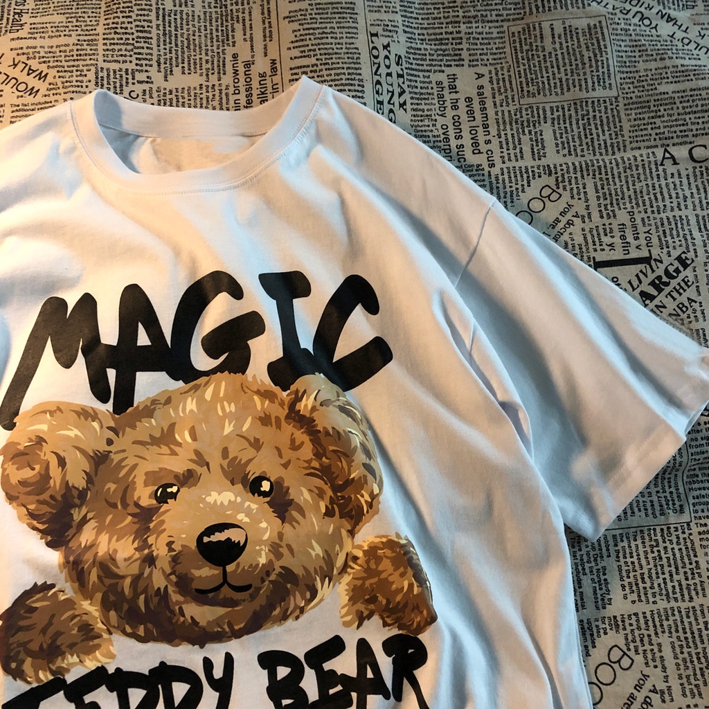 [littlecrab] Kaos Oversize Magic Teddy Bear Kaos Couple T-shirt Hitam Putih Circle Of Modes Kaos Berkualitas Korean Style