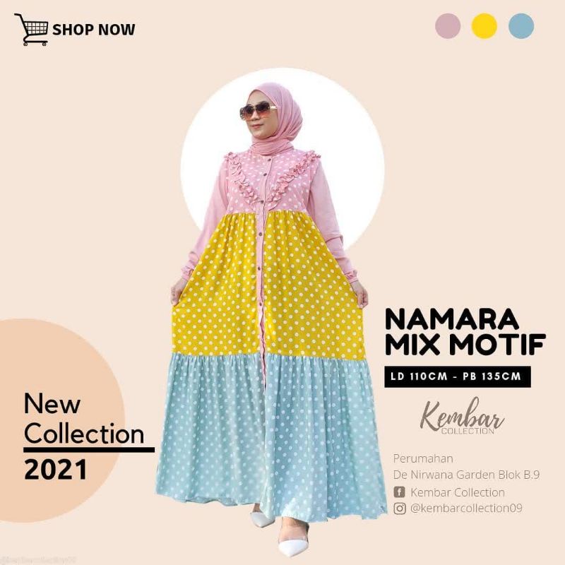 Namara mix Motif/gamis mix motif polkadot best seller Bahan Rayon super adem