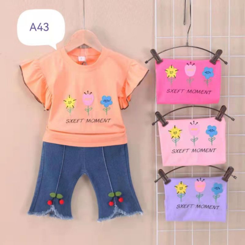 1-4 Tahun setelan Jeans Anak termurah Set Kaos Ruffle dan Celana Jeans Import Setelan anak perempuan Import