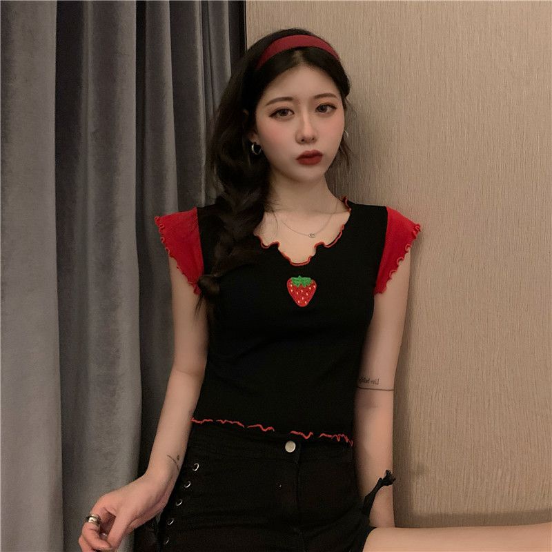 Kecil V-neck T-shirt chic perempuan musim panas pakaian luar bersih merah mschf Hong Kong rasa lengan pendek paragraf pendek Hyun Ya angin strawberry top