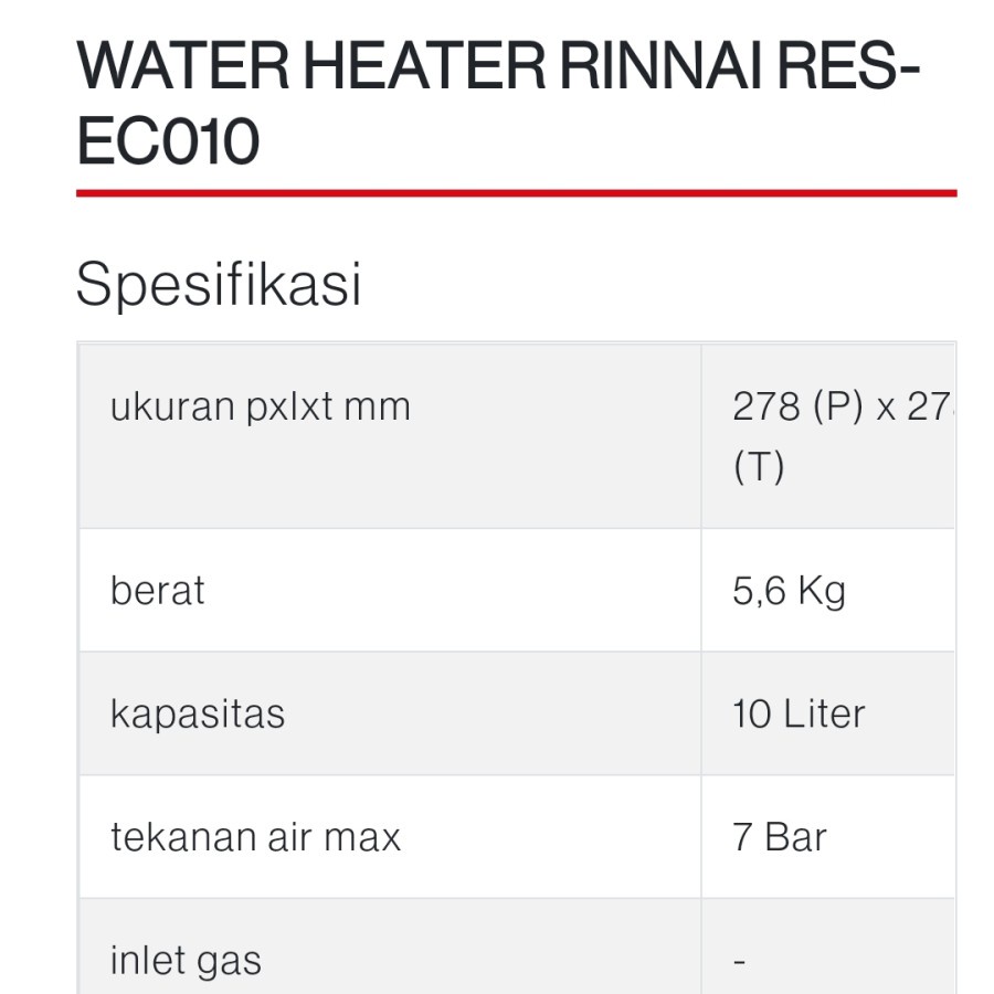 RINNAI Water Heater Listrik  RES EC010 (10Liter &amp; 200Watt) - Garansi Resmi 1 Tahun