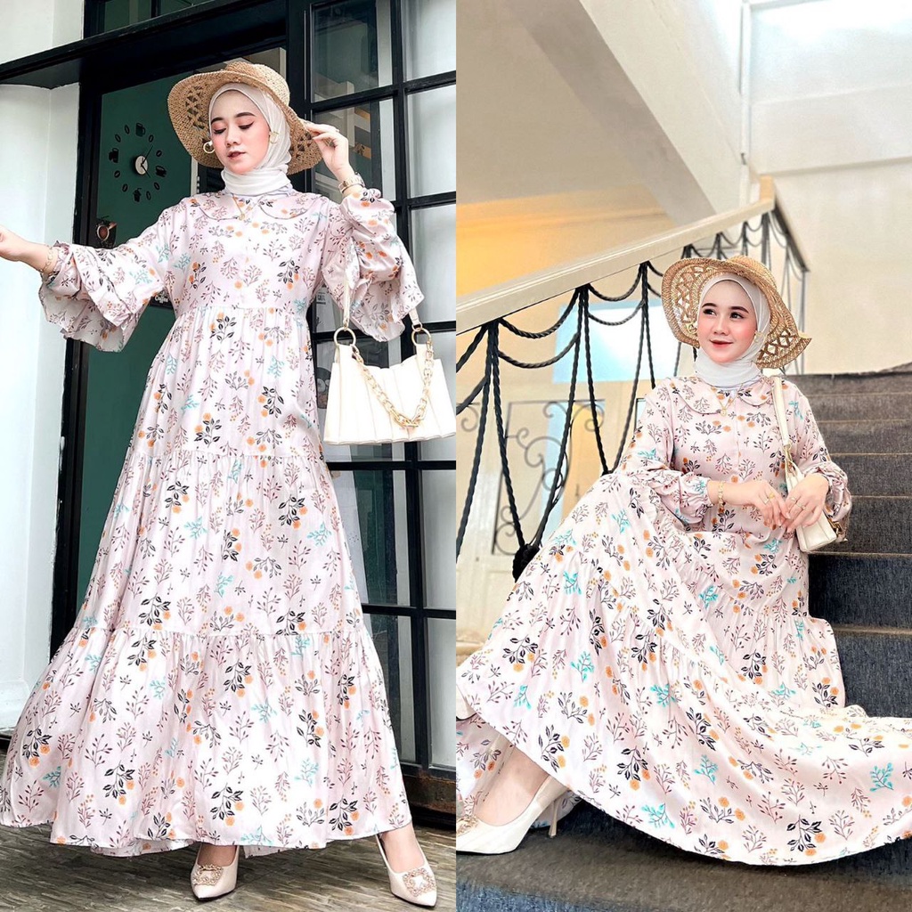 Flowy Gamis Wanita Rayon Viscose Premium Dress Wanita Lengan Panjang Ruffle Terompet Longdress Bunga LD 110 cm
