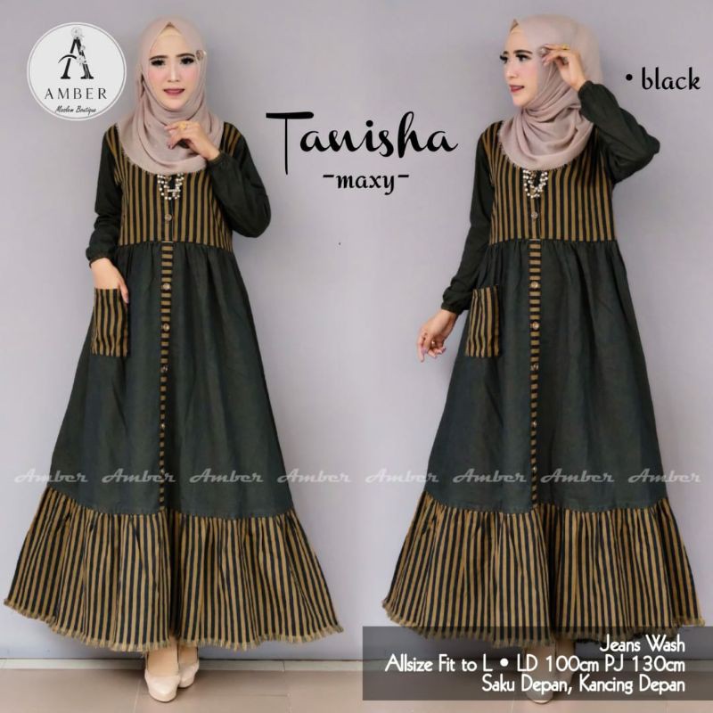tanisha gamis wanita dewasa jeans wash motif garis