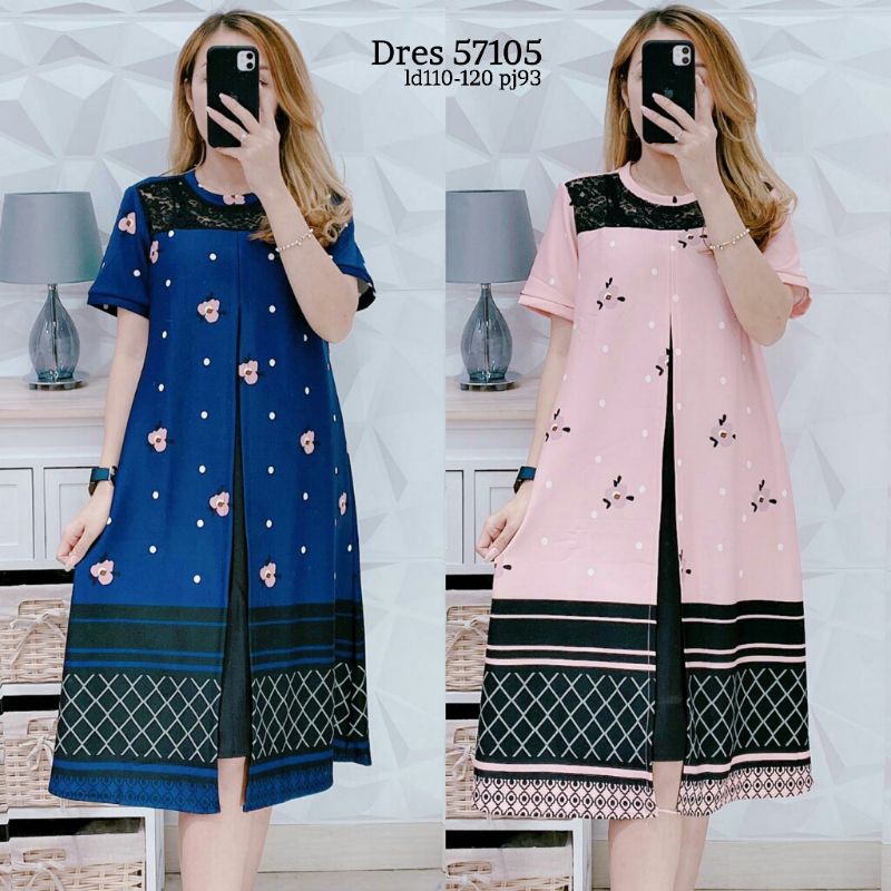 Dress Wanita Import Motif Bunga / Bahan Scuba Import 57105