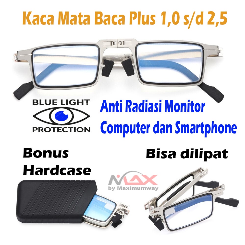 Macamata Baca lipat Plus dengan Anti Radiasi Monitor komputer Pria Wanita unisex bonus Case 1.0, 1.5, 2.0, 2.5 Anti UV FANCC Kacamata Baca Rabun Dekat Folding Anti Blue Light Rabun dekat membesar Compact Spring Hinge for Men &amp; Women Reading Glasses