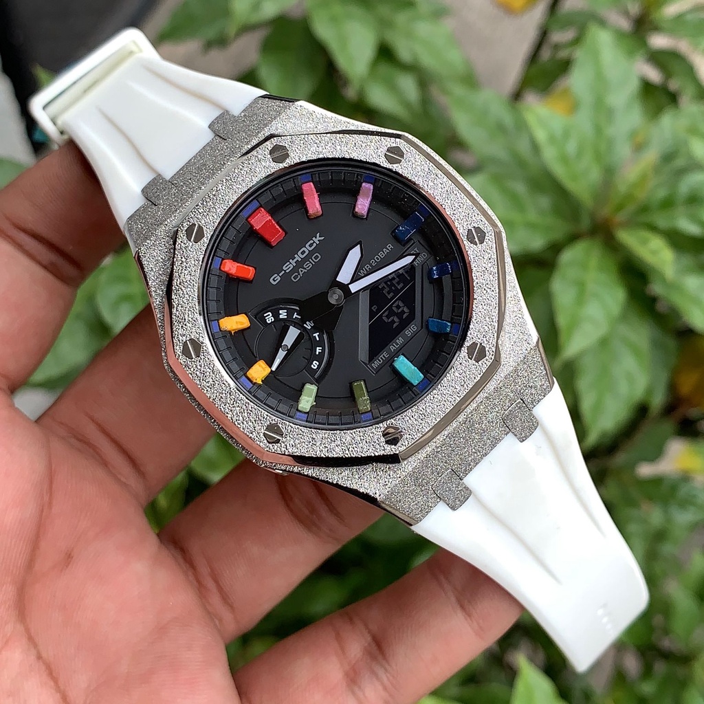 Casioak Gshock GA 2100 Rainbow Diamond Silver Rubber White 44mm