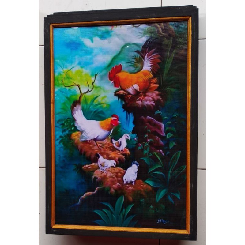 hiasan dinding lukisan cetak ayam jago kate plus bingkai ukuran 65×45