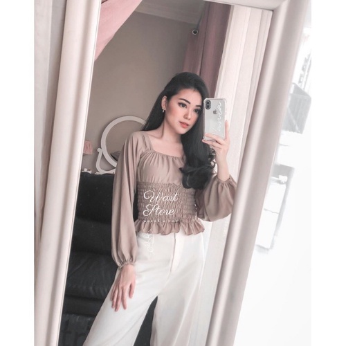 BLUS Baju Sabrina Atasan Wanita Korean Crop Top Blouse Kerut/Serut Lengan Panjang Jumbo Sabrina