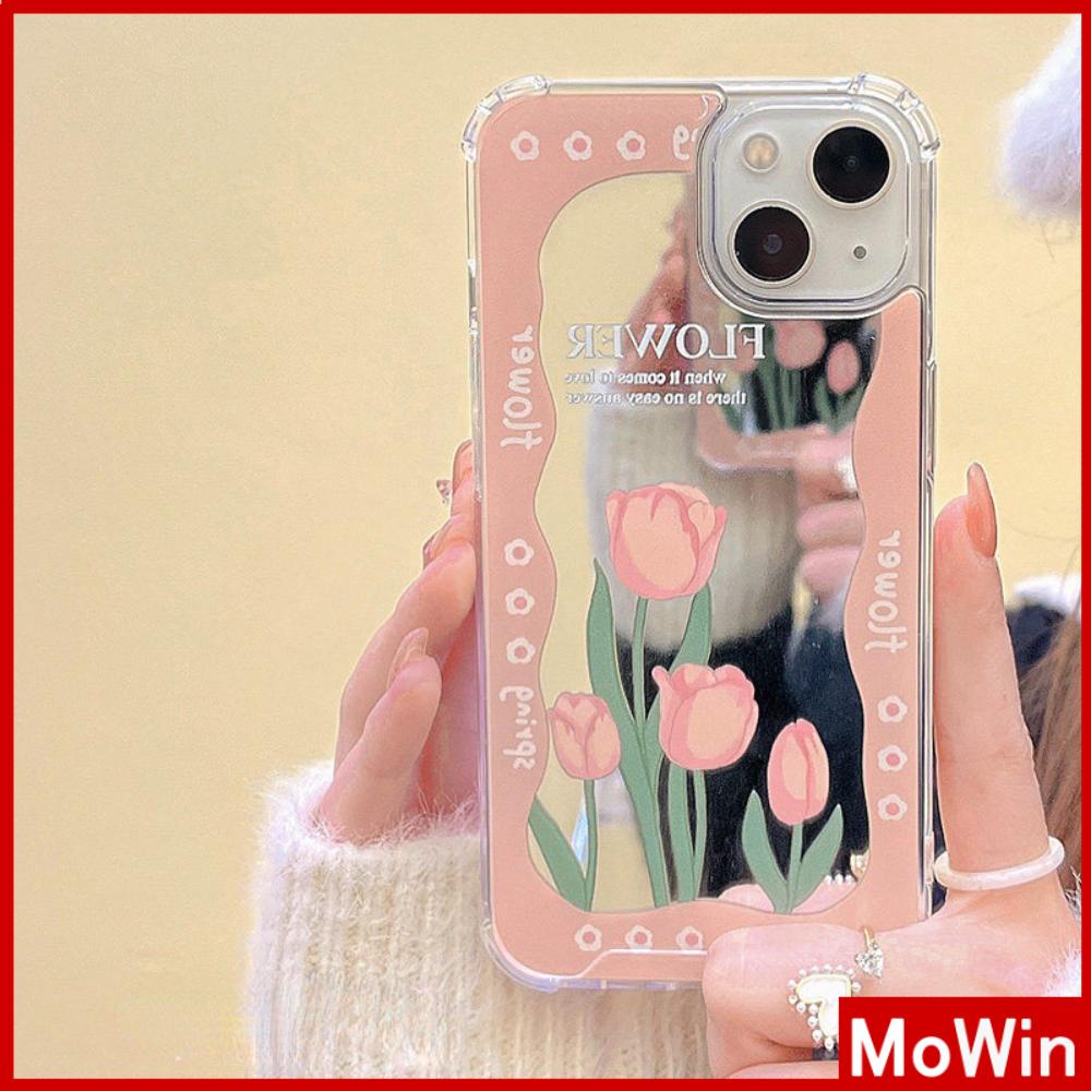 iPhone Case Acrylic Reflective Mirror Airbag Shockproof Protection Camera Pink Tulip Flower Compatible with iPhone 11 iPhone 13 Pro Max iPhone 12 Pro Max iPhone 7 Plus iPhone xr