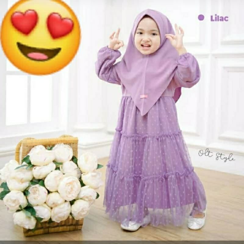 Gamis Anak Tile Dot Set Jilbab Tangan Balon Dress Muslim Panjang Tutu