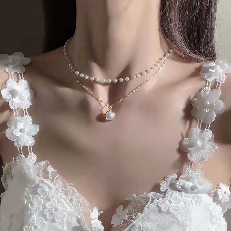 Kalung Choker Rantai Klavikula Double Layer Aksen Mutiara - Kalung Choker Mutiara