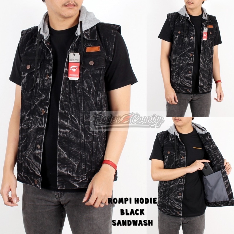 Rompi Jeans Pria Hodiee BLACK SANDWASH SIZE M L XL