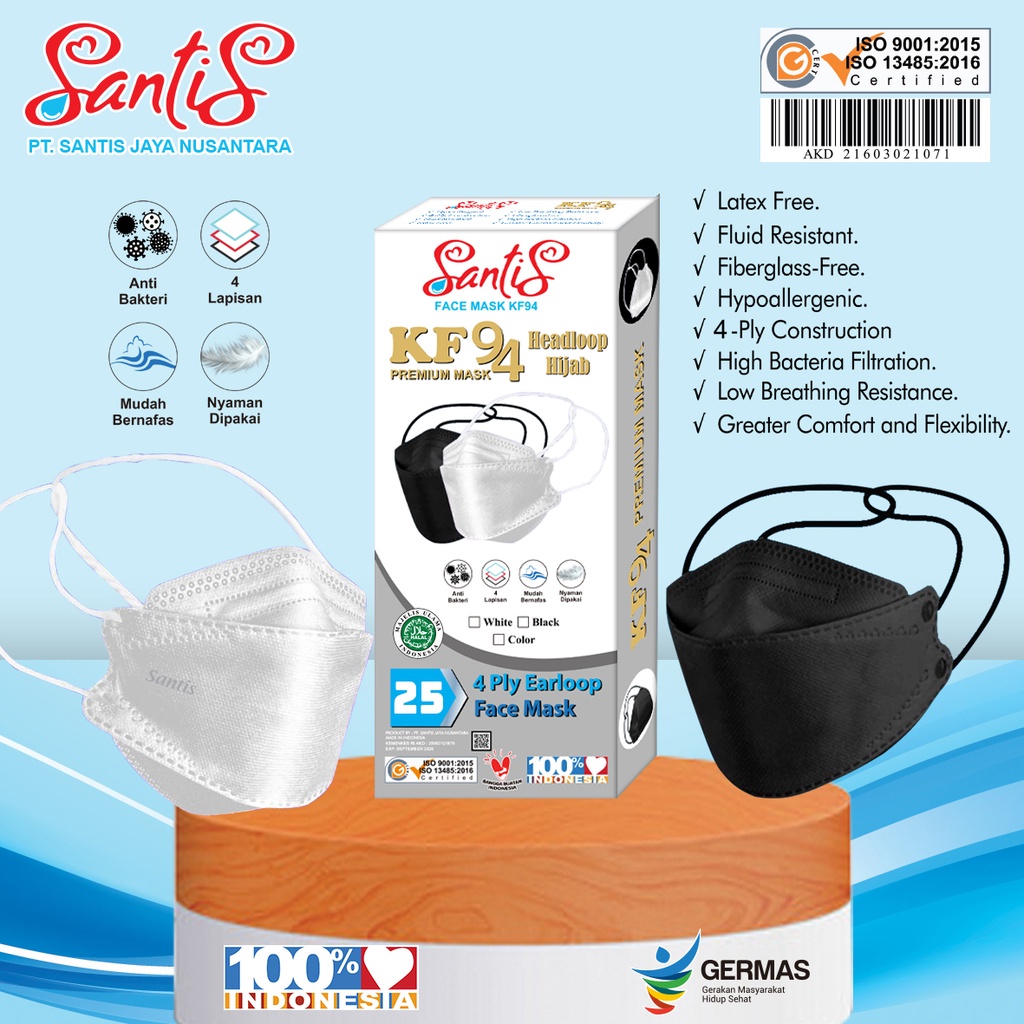 Masker KF94 Headloop Medis/ Hijab Premium/Medis 4 ply SANTIS (isi 25 pc)