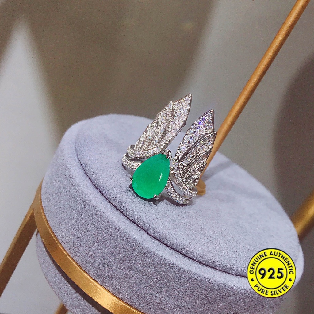 Cincin Sterling Silver 925 Model Terbuka Adjustable Dengan Emerald Untuk Wanita