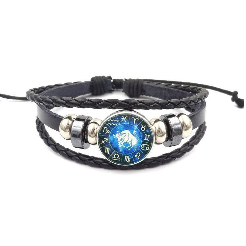 Gelang Kulit Kepang Dengan Kancing Desain 12 Zodiak Kanker Sagittarius Aquarius Libra Scorpio Gemini Gaya Punk Untuk Hadiah