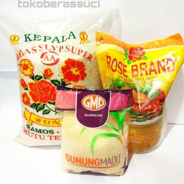 

[KODE Q0CVC] PAKET SEMBAKO ( BERAS CAP KEMBANG BUNGA, MINYAK ROSE BRAND , TROPICAL , GULA KEMASAN GMP)k