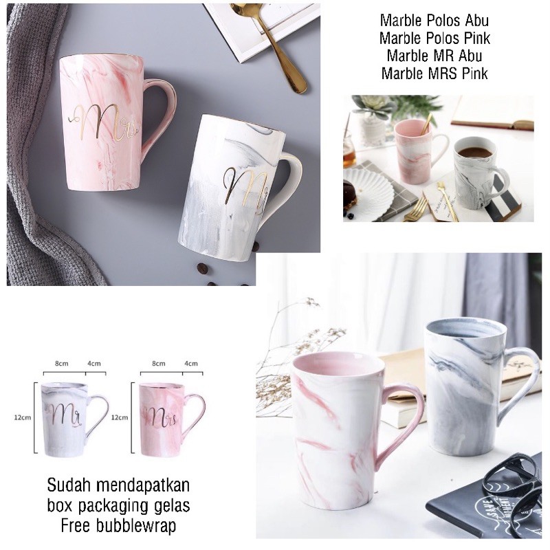 GELAS MARBLE / MUG MARBLE MR MRS POLOS PINK ABU MUG COUPLE MUG SATUAN FREE BOX PACKAGING