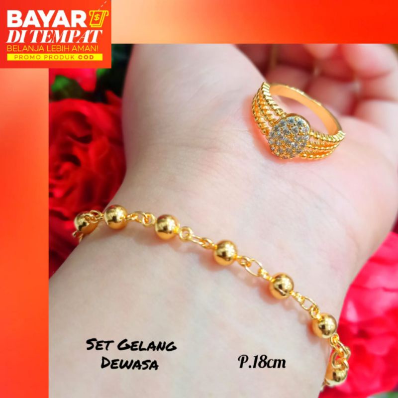 Gelang Dewasa Rantai bijilada+Cincin simple permata zircon,emas termurah *anti karat*