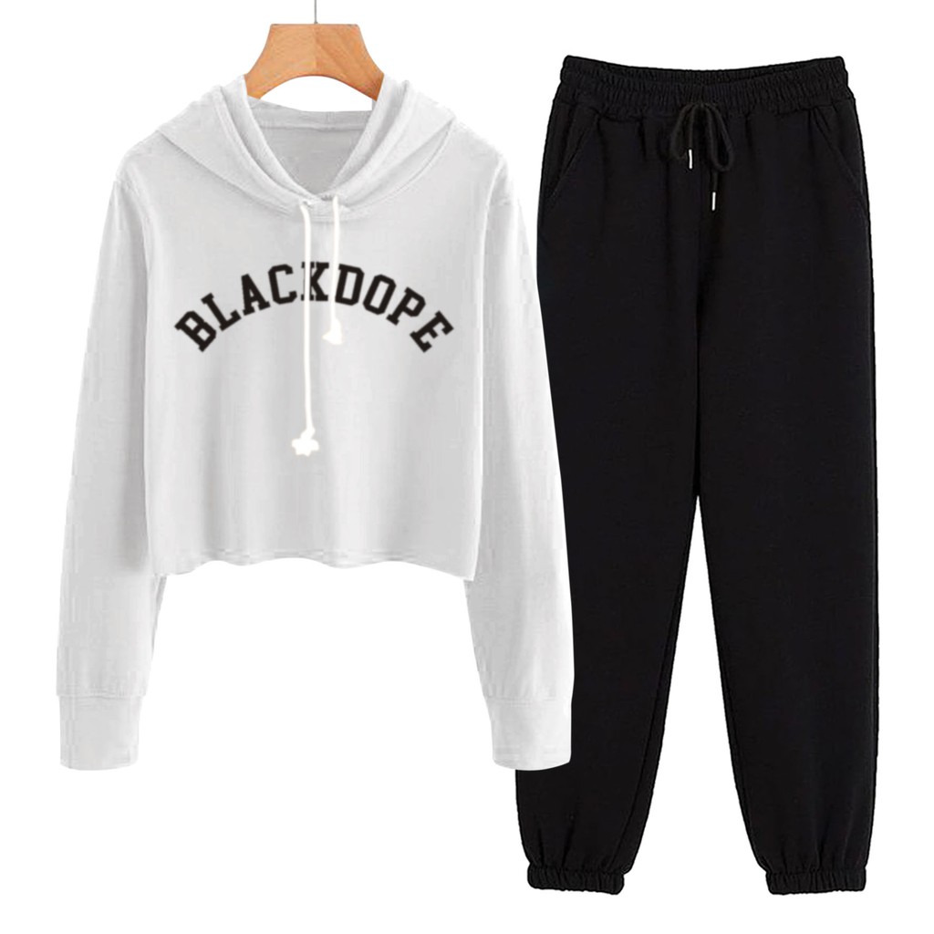 BESS - Baju Setelan Wanita Murah / Setelan Hoodie Crop + Jogger Hitam - BLACKDOPE