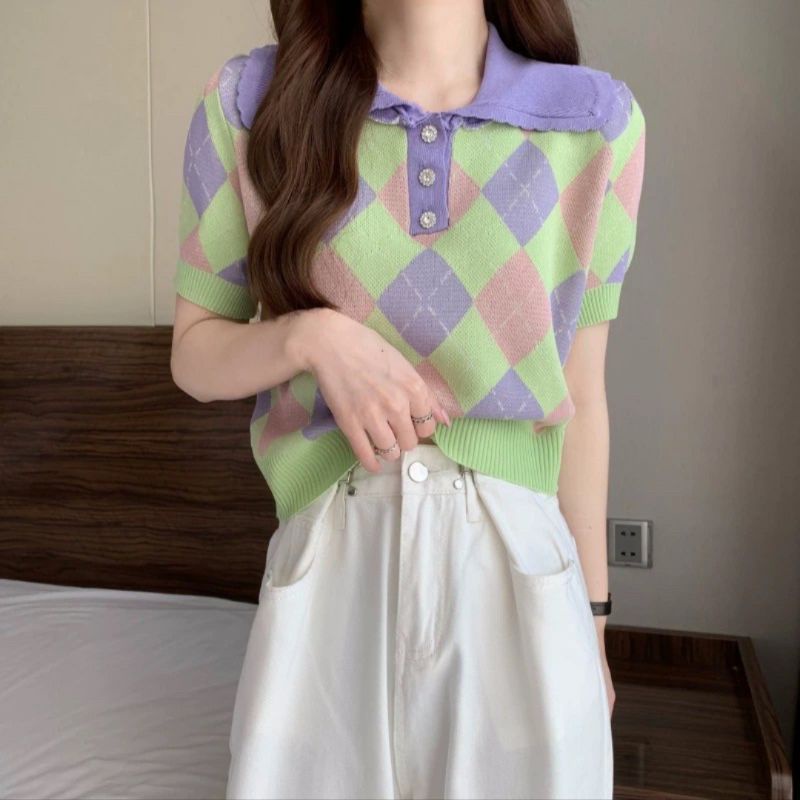 M FESYEN LUSA KNIT TOP CROP TOP KOREAN STYLE KOREAN COLLAR CROP TOP ARGYLE KOREAN BLOUSE WANITA CROP