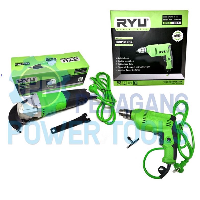 GARANSI 100% ASLI RYU!! PAKET 2 SET TEKIRO RYU MESIN BOR LISTRIK 10 MM &amp; RYU MESIN GERINDA