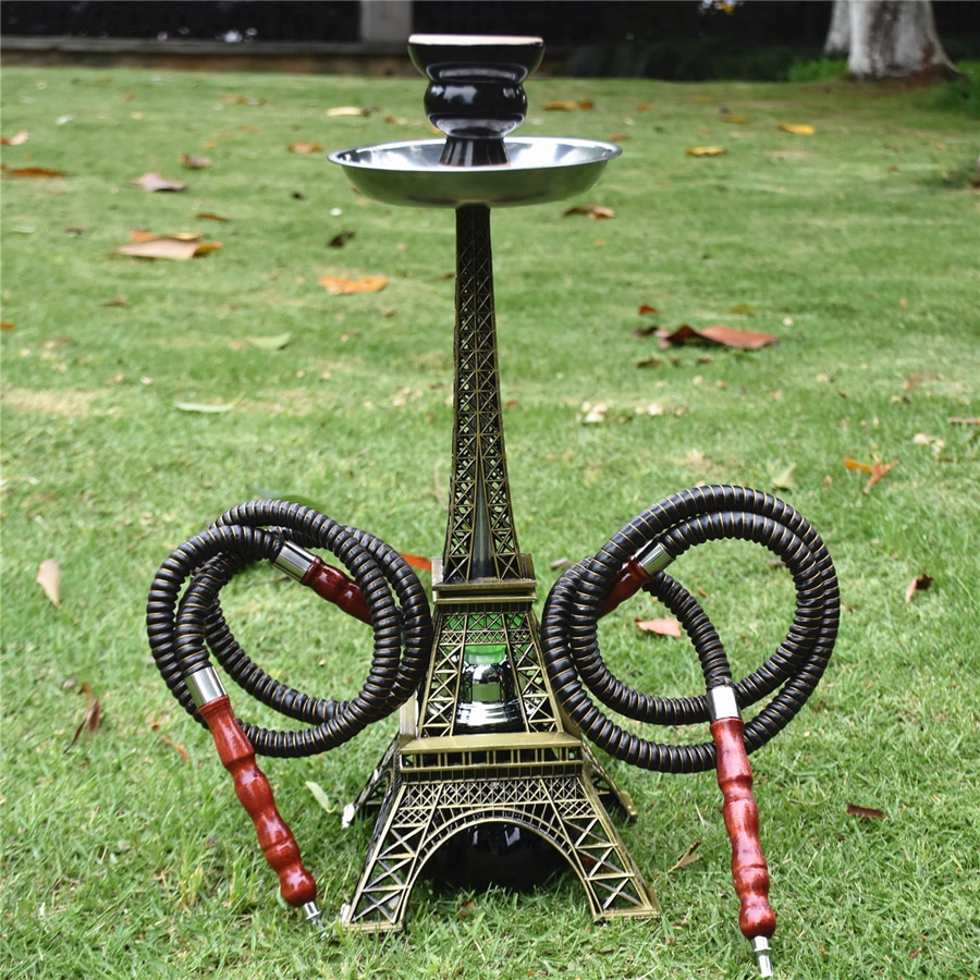 Paris Tower Metal Shisha Hookah Double Hose With Ceramics Bowl Charcoal Tongs Shisha Plate Hookah Acrylic Base Chicha Nargile