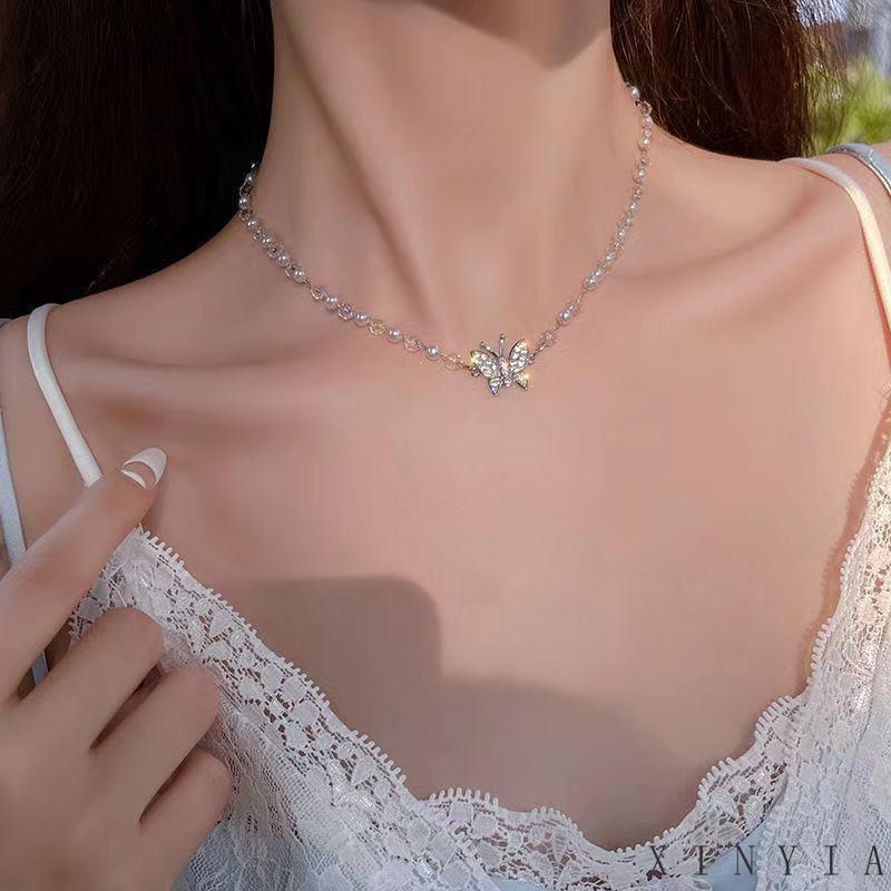 【COD】Kalung Diamond Flash Butterfly Pearl Kupu-kupu Mutiara Fashion Korea Wanita Womens Trendy Niche Collarbone Chain Necklace