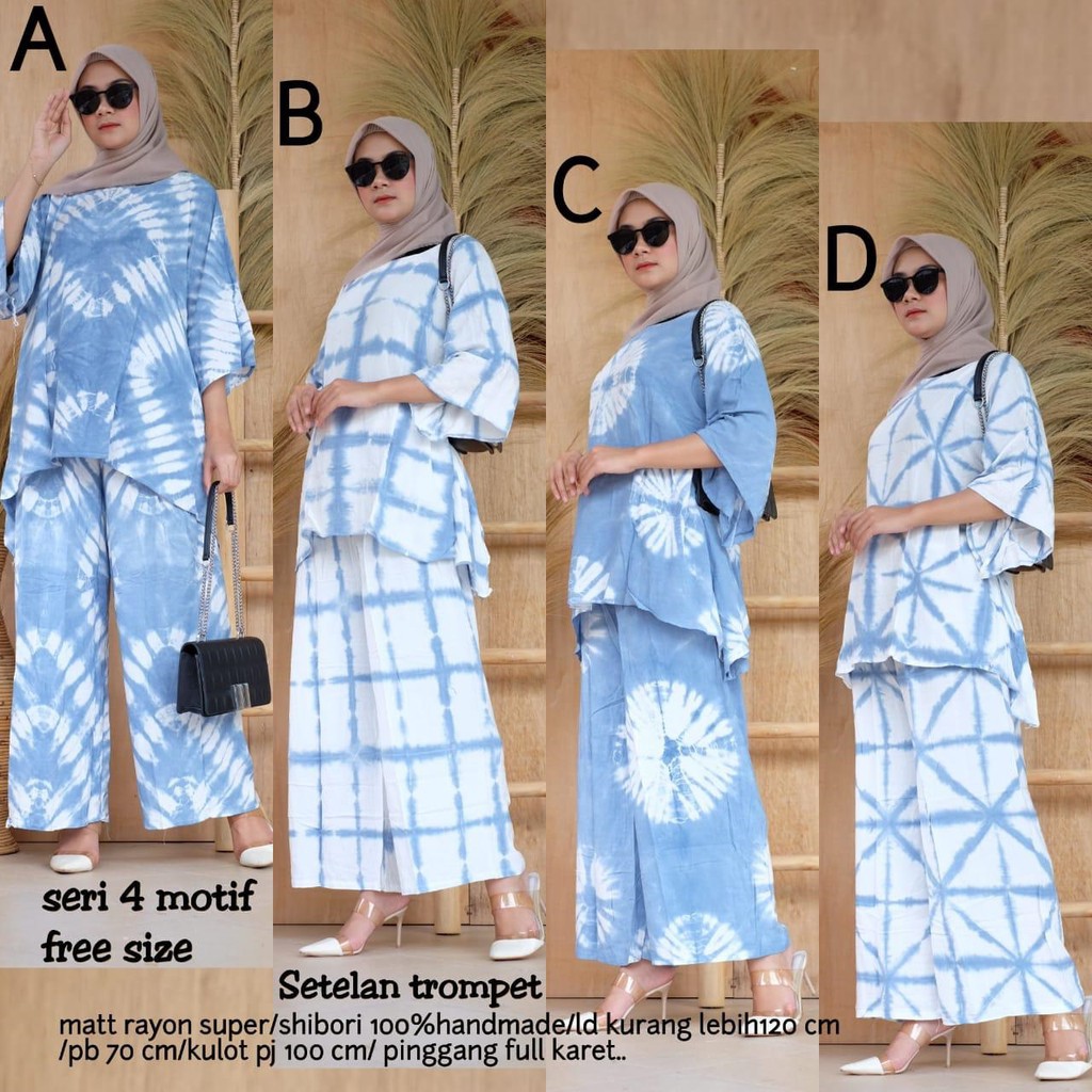 Setelan Terompet Shibori Blus Biru Baju Wanita Casual Santai Kekinian Handmade Tiedye