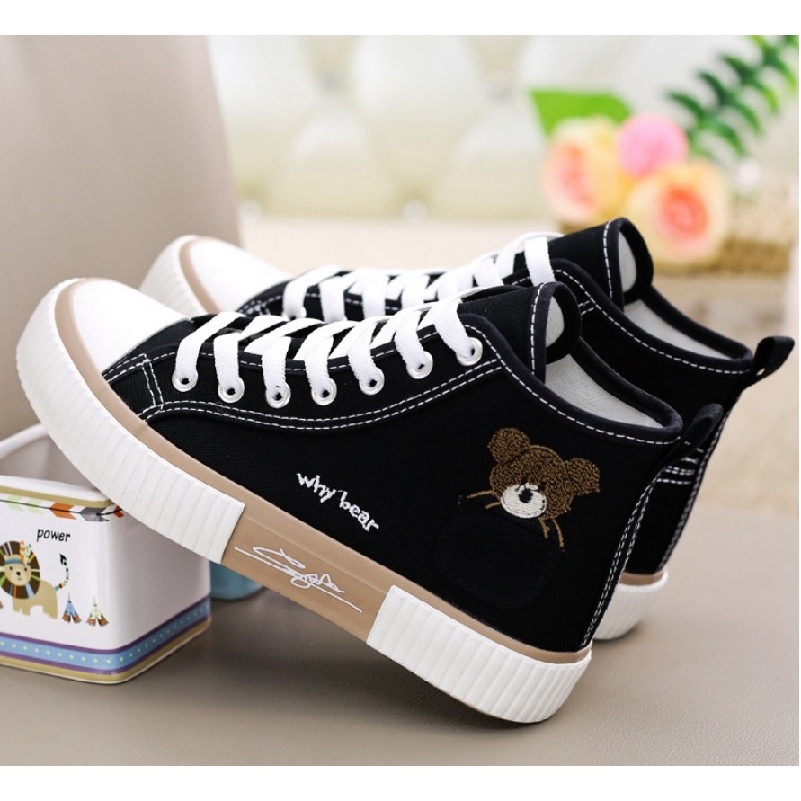 Sepatu Kanvas Import RWS 9222 Wanita Motif Bear / Sneakers High Bear sepatu papan serbaguna