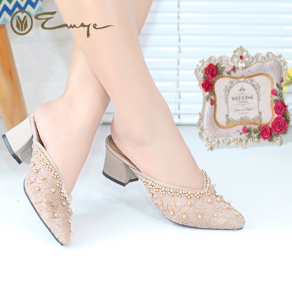 EMYE Sepatu Sandal Pengantin Wanita Brukat Payet Original Hak Tahu 5cm size 36-41 Sepatu Wisuda Wanita Brukat I Seserahan Wedding