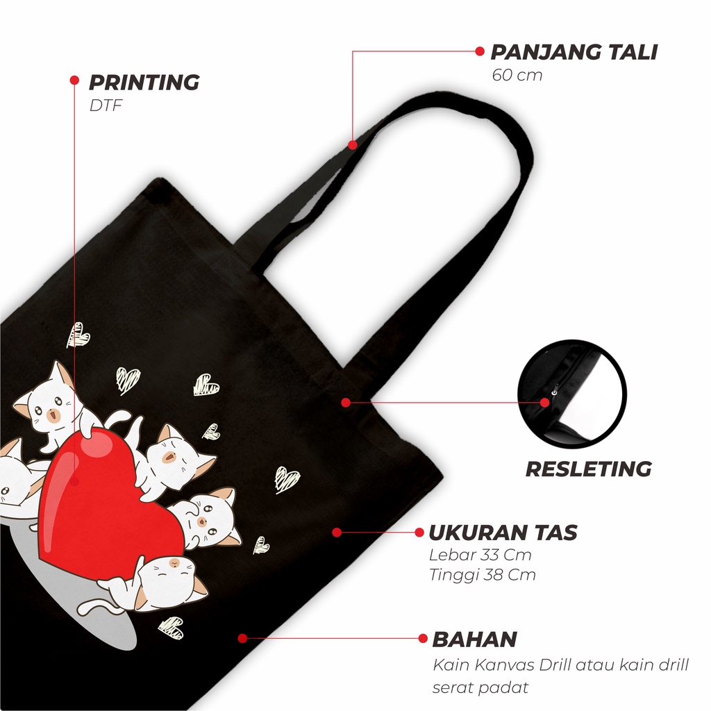 Sevine Totebag Tas Wanita Tote Bag Resleting Cute Cat Black Series Hitam - CSL3