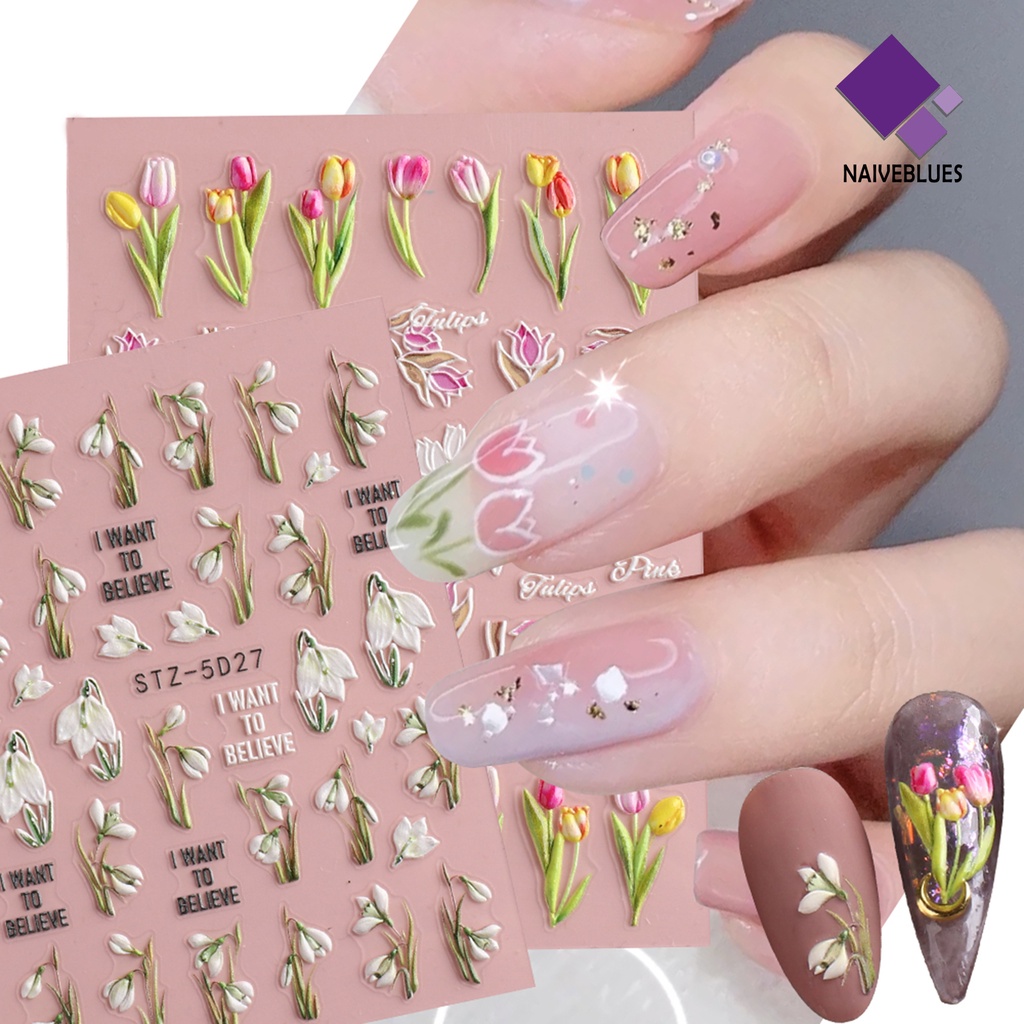 Naiveblue Stiker Kuku 5D Motif Bunga Tulip Untuk Nail Art